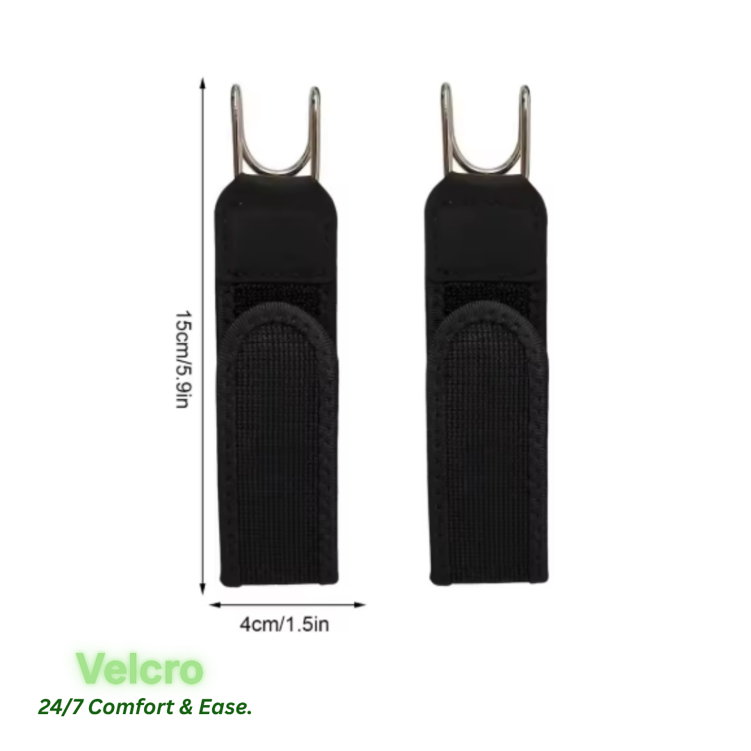 Two black Velcro strap belts with metal U-bends at the top, shown on a white background with dimension labels indicating 15cm height and 4cm width.