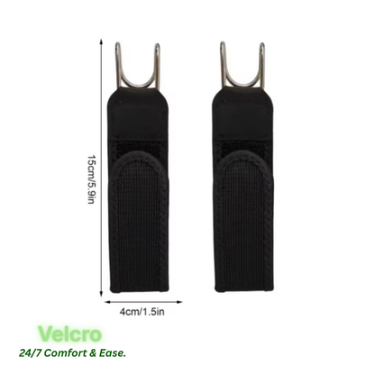 Two black Velcro strap belts with metal U-bends at the top, shown on a white background with dimension labels indicating 15cm height and 4cm width.