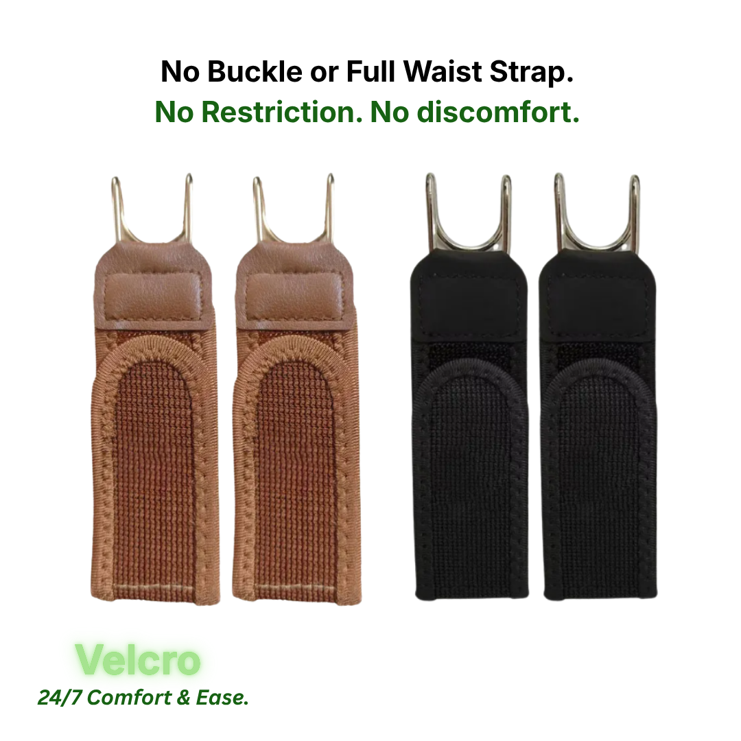 Four web belt clips shown on a white background, with two tan/brown clips on the left and two black clips on the right. Text above says 'No Buckle or Full Waist Strap.