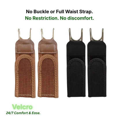 Four web belt clips shown on a white background, with two tan/brown clips on the left and two black clips on the right. Text above says 'No Buckle or Full Waist Strap.