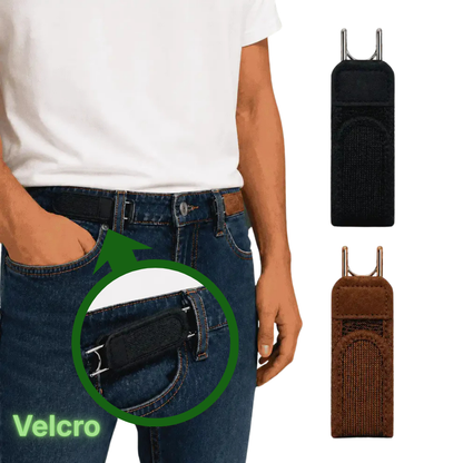 A person wearing blue jeans and a white T-shirt demonstrates a black Velcro belt pouch attached to the pocket, with a green circle highlighting the product. Two additional views of the pouch are shown on the right, one black and one brown, on a white background.