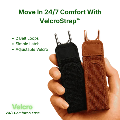 A hand holding two belts bucle free against a white background, one in black Velcro fabric and one in brown textured fabric, with green text describing features and branding.